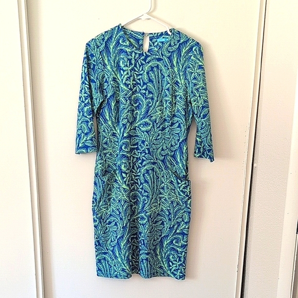 J. McLaughlin Womens Small Carly Dress Blue Green Tropical Print Vacation Beach - Picture 1 of 8